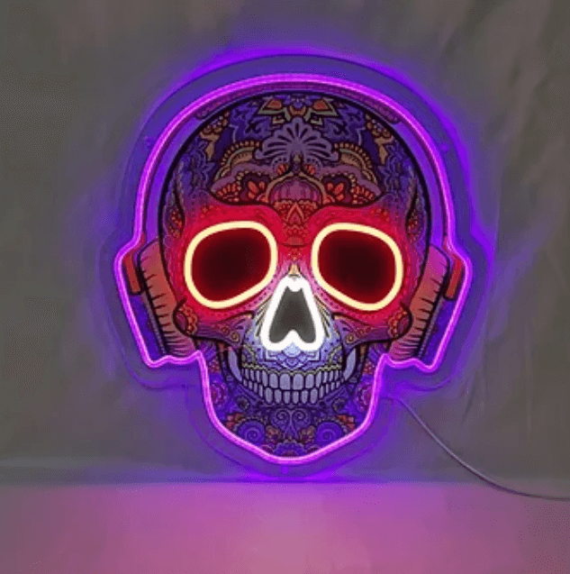 Pääkallo kuulokkeilla UV-tuloste LED-valokyltti - Art Neon