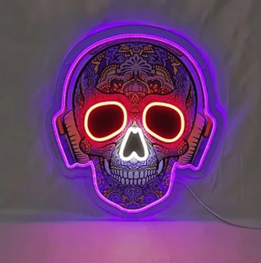 Skull With Headphones UV Print LED Neon Sign - The Art Neon
