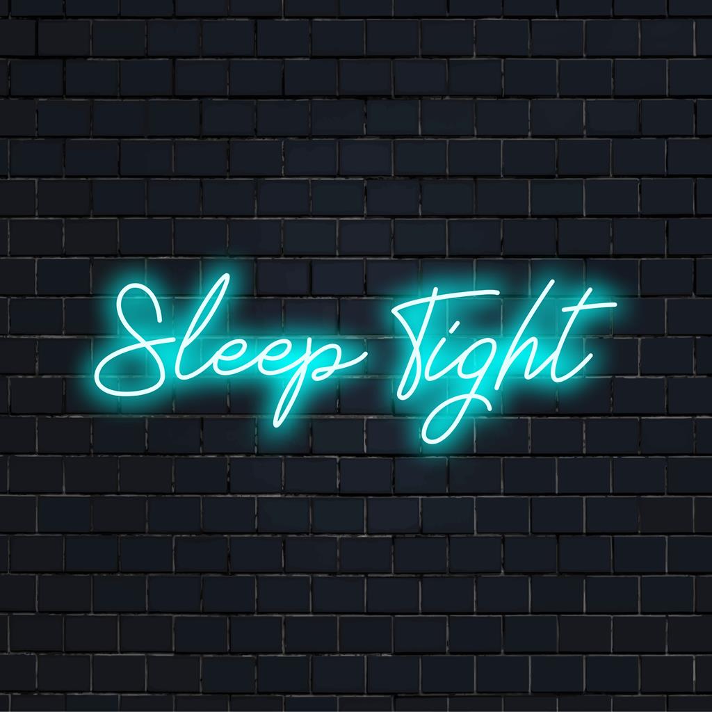 Glowing Sleep Tight LED neon sign casting warm light, ideal as personalized neon art for cozy nighttime ambiance.