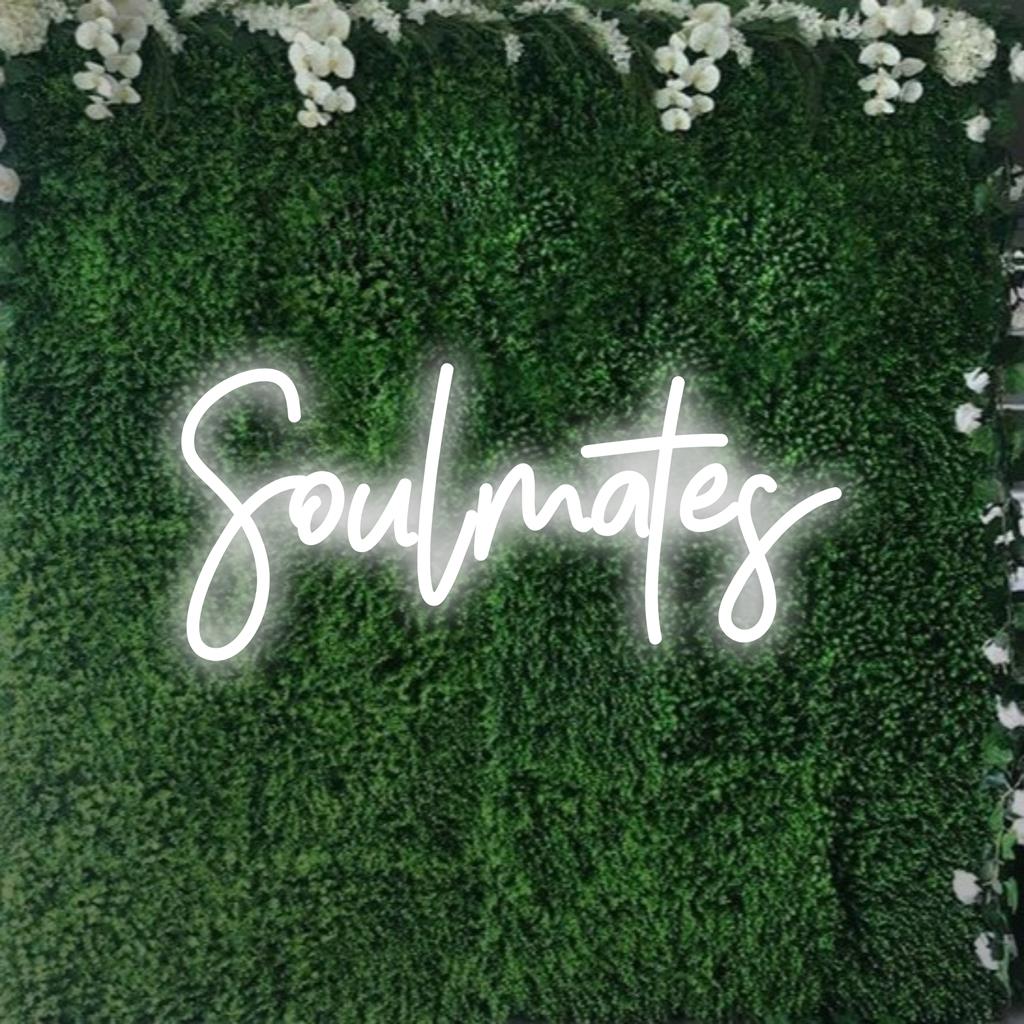 Colorful custom LED neon sign with the word Soulmates glowing brightly, perfect for personalized neon light decor.