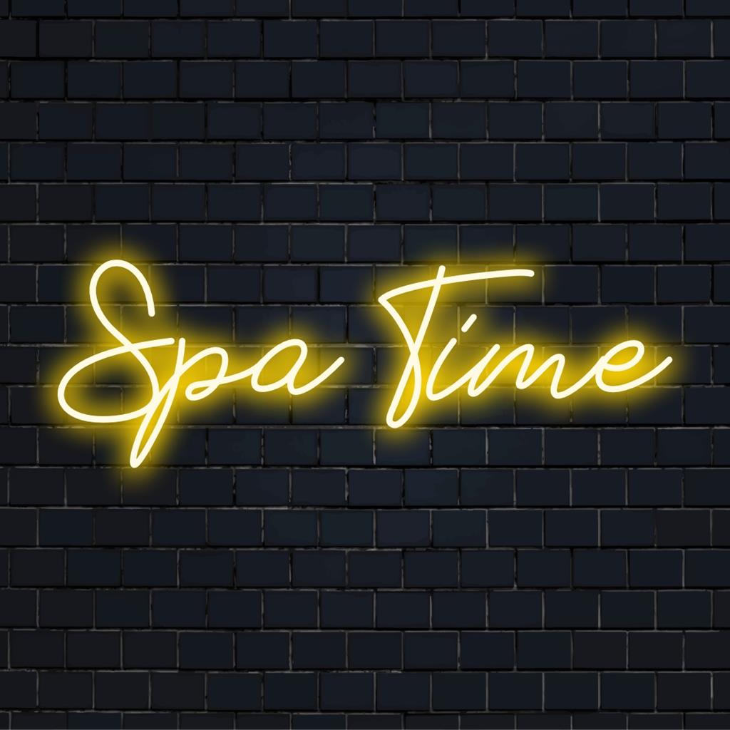 Custom LED neon sign glowing with the words Spa Time in elegant script, perfect for serene wellness spaces and relaxation areas.