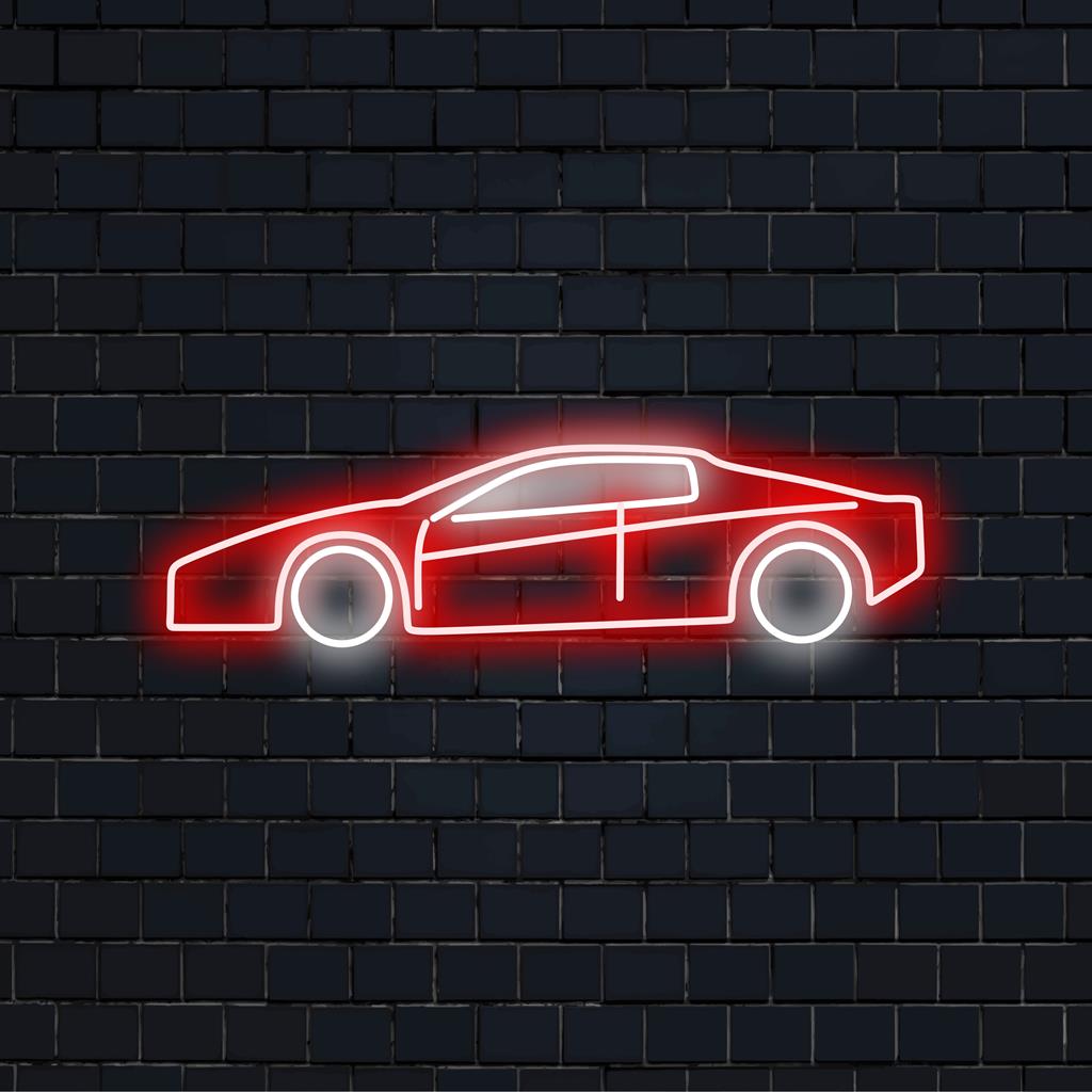 LED-valokyltti, jossa on tyylikäs urheiluautosuunnittelu; täydellinen yksilöllinen sisustus autojen harrastajille. Neonseinätaide, LED-valo sisustus.