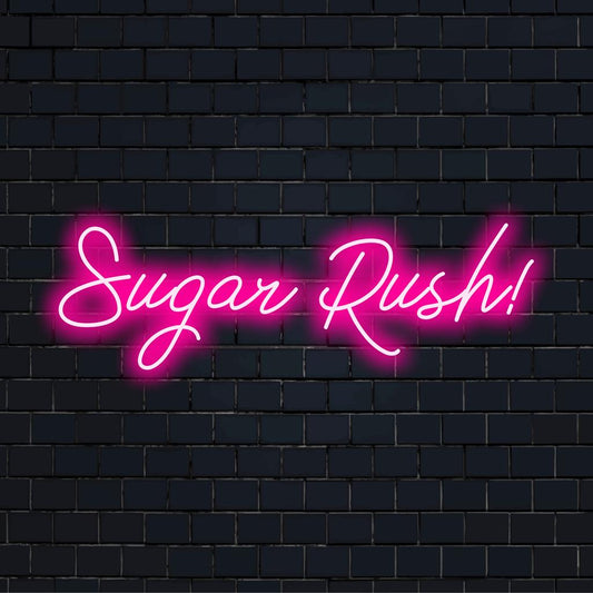 Handcrafted LED neon sign with vibrant Sugar Rush! text, ideal for custom neon light decor and personalized style.