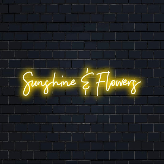 Custom LED neon sign with text Sunshine And Flowers, perfect for adding vibrant, warm light decor to any space.