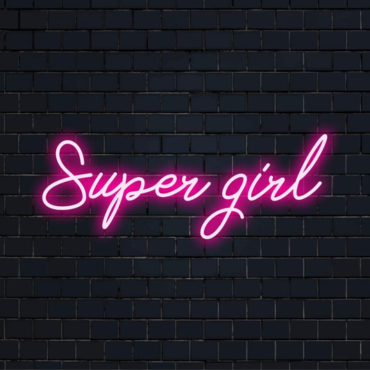 Bright LED neon sign showcasing Super Girl with vibrant colors, perfect for adding fun decor to any space. Custom LED design.