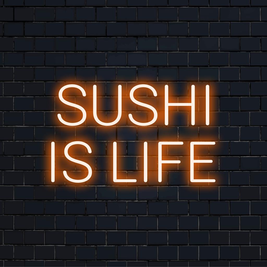 Eloisa mukautettu LED-valokyltti, jossa on leikkisä lause Sushi Is Life värikkäässä, taiteellisessa neonnäytössä.