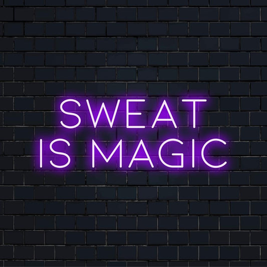 Illuminated Sweat Is Magic sign captures motivation. Vibrant neon wall art ideal for brightening personal fitness spaces.