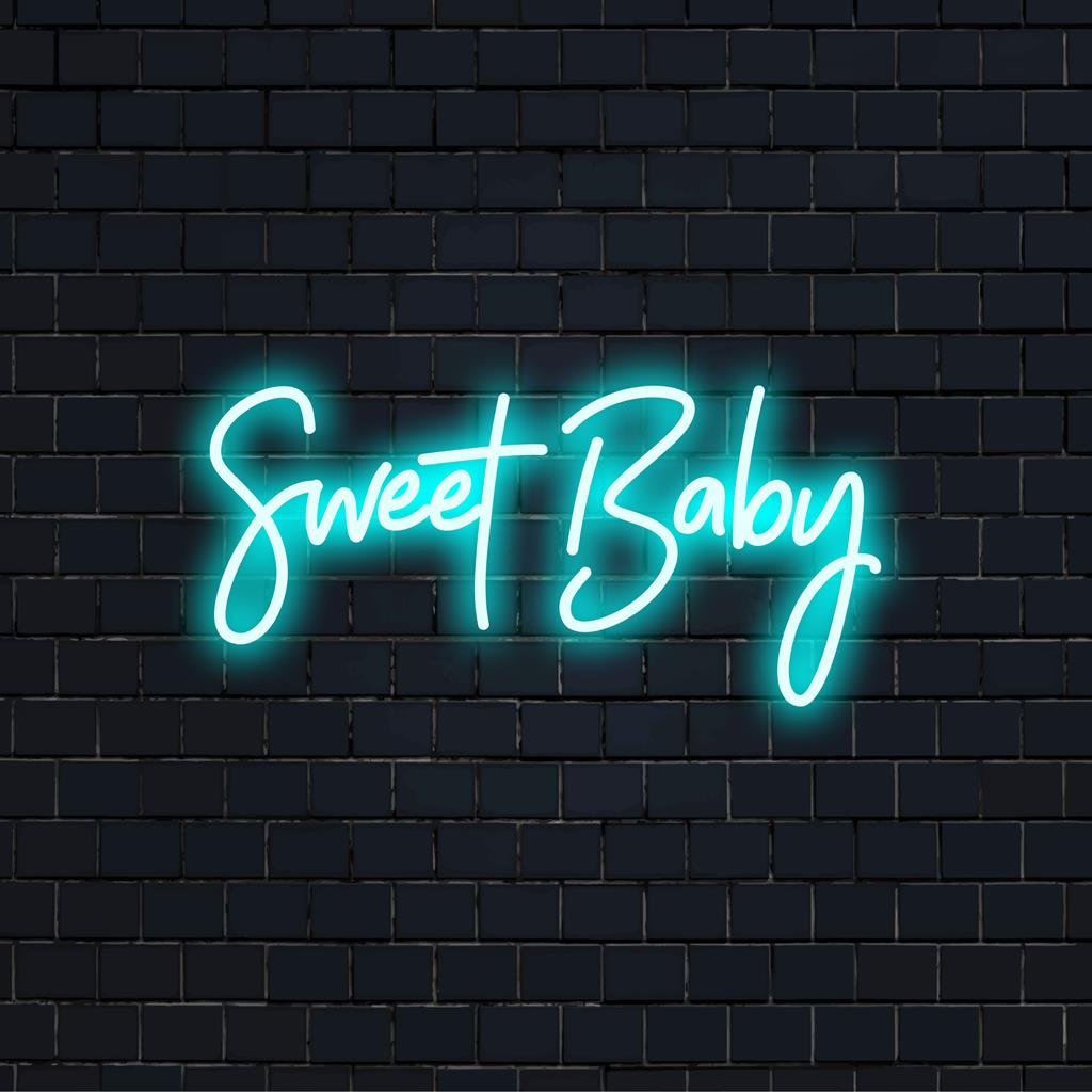 Custom LED neon sign reads Sweet Baby with flowing cursive, adding a warm glow and decorative charm to any space.