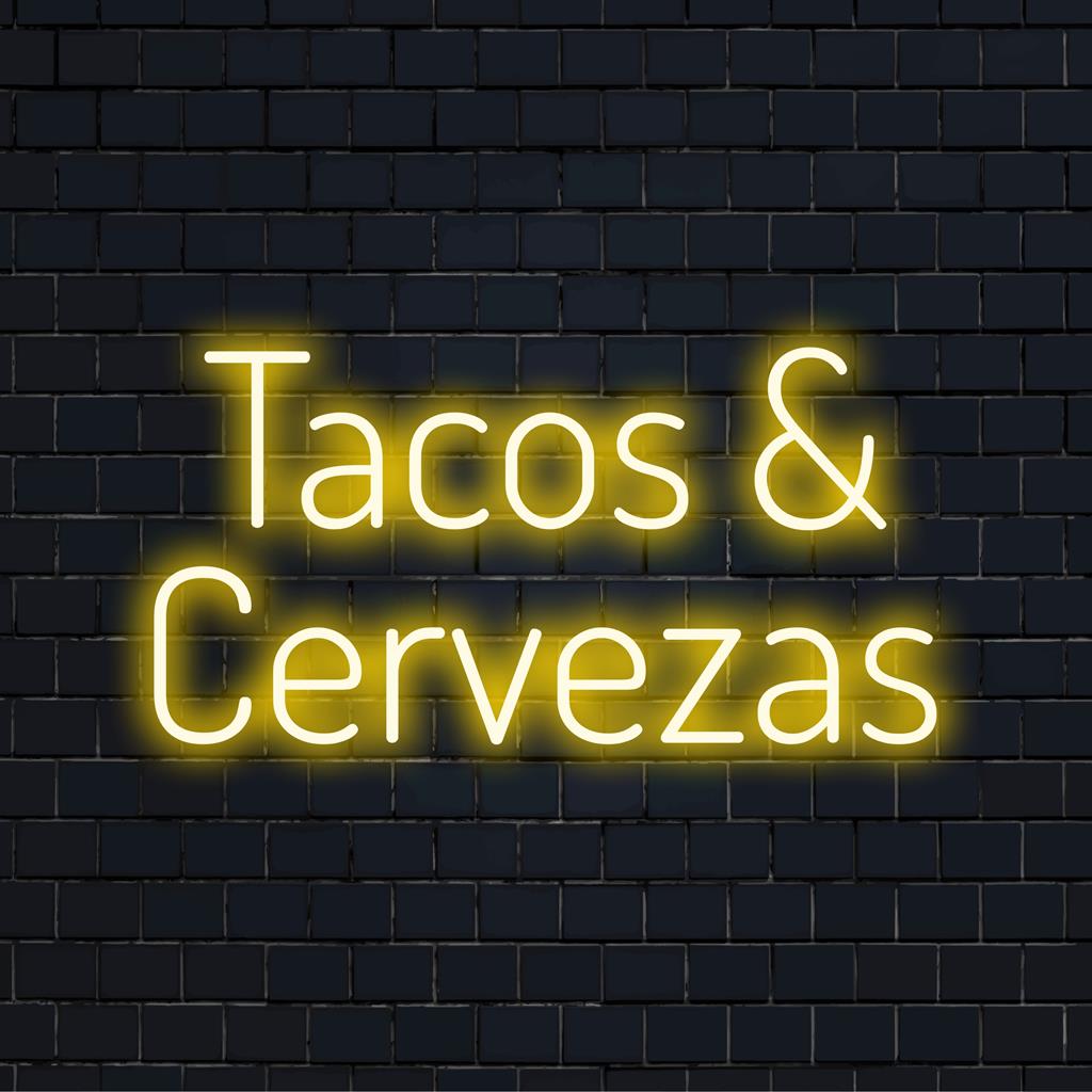 Tacos And Cervezas -LED-neonkyltti, joka hehkuu eloisissa väreissä, sopii täydellisesti eloisaan sisustukseen, räätälöity neontaideteos harrastajille.