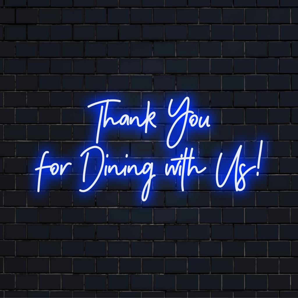 LED-valokyltti, jossa lukee Kiitos, että syöt kanssamme! kirkkain ja lämpimin sävyin, jotka sopivat täydellisesti vieraanvaraisiin tiloihin ja yksilölliseen sisustukseen.
