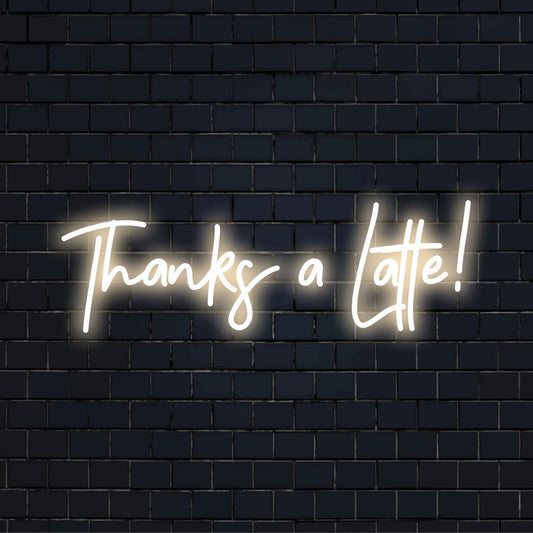 Vibrant 'Thanks A Latte!' LED neon sign with playful cursive, a perfect coffee shop charm or quirky decor piece.