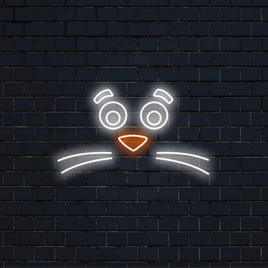 "Eläimen kasvot viiksillä neonkyltti" lisää oikeita leikkisä muotoilunsa luoden omituisen hehkun, joka tuo huumoria ja luonnetta tilaan.