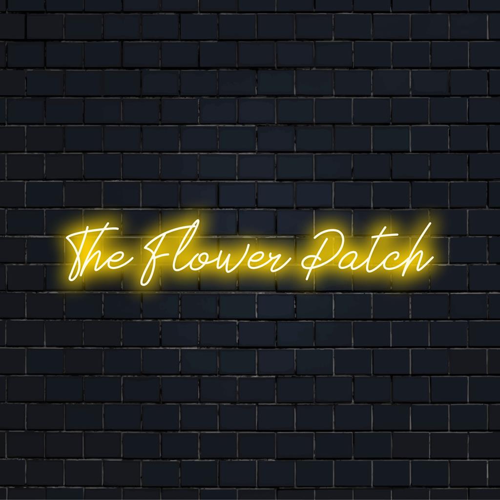 Mukautettu LED-valokyltti nimeltä The Flower Patch; eloisa hehku sopii mihin tahansa tilaan ja esittelee tyyliäsi neonvalossa.