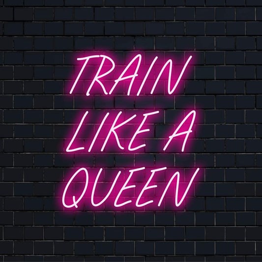 Mukautettu LED-valokyltti, jossa lukee Train Like A Queen, täydellinen motivoivaan neonsisustukseen ja inspiroiviin kuntoilutiloihin.