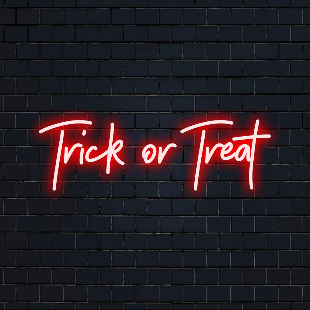 Trick Or Treat mittatilaustyönä valmistettu LED-valokyltti, eloisa hehkuva Halloween-sisustus, leikkisä neonvalotaide.
