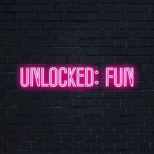 Värikäs LED-valokyltti, jossa lukee Unlocked Fun, vangitsee eloisaa energiaa, sopii täydellisesti ainutlaatuiseen seinätaideeseen ja valoisaan kodin sisustukseen.