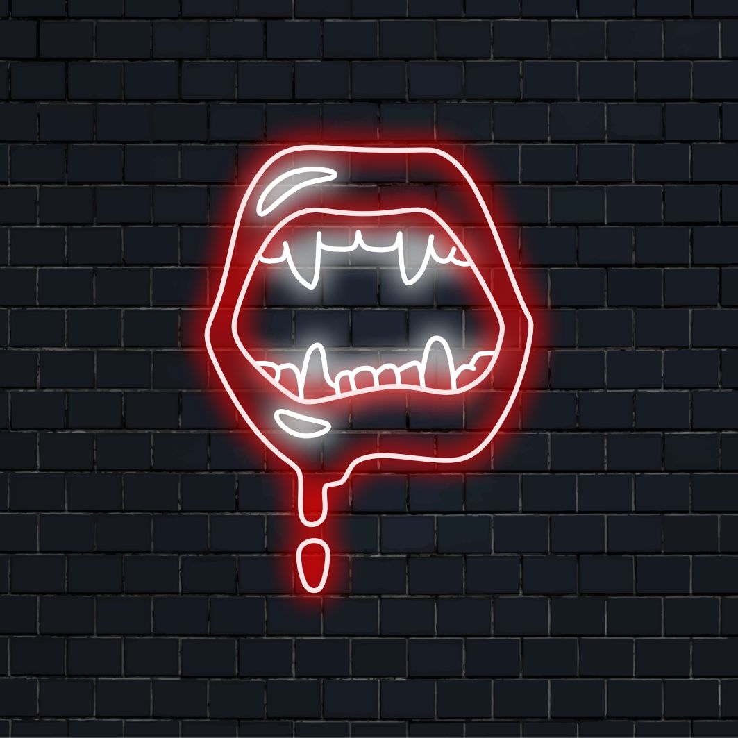 "Vampire Lips Neon Sign" on hidas hehku, joka luo kiehtovan viettelyn ja mysteerin tunnelman.