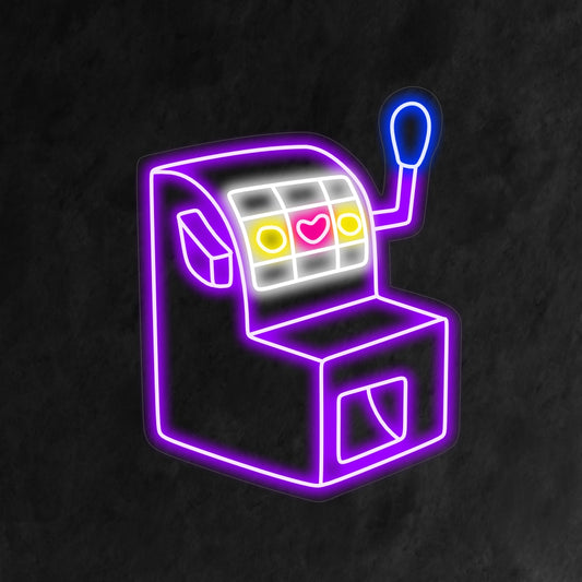 Valaistu neonkyltti, jossa on klassinen vintage-kolikkopeli, joka on täydellinen luomaan kasinomainen tunnelma ja lisäämään retro charmia mihin tahansa tilaan