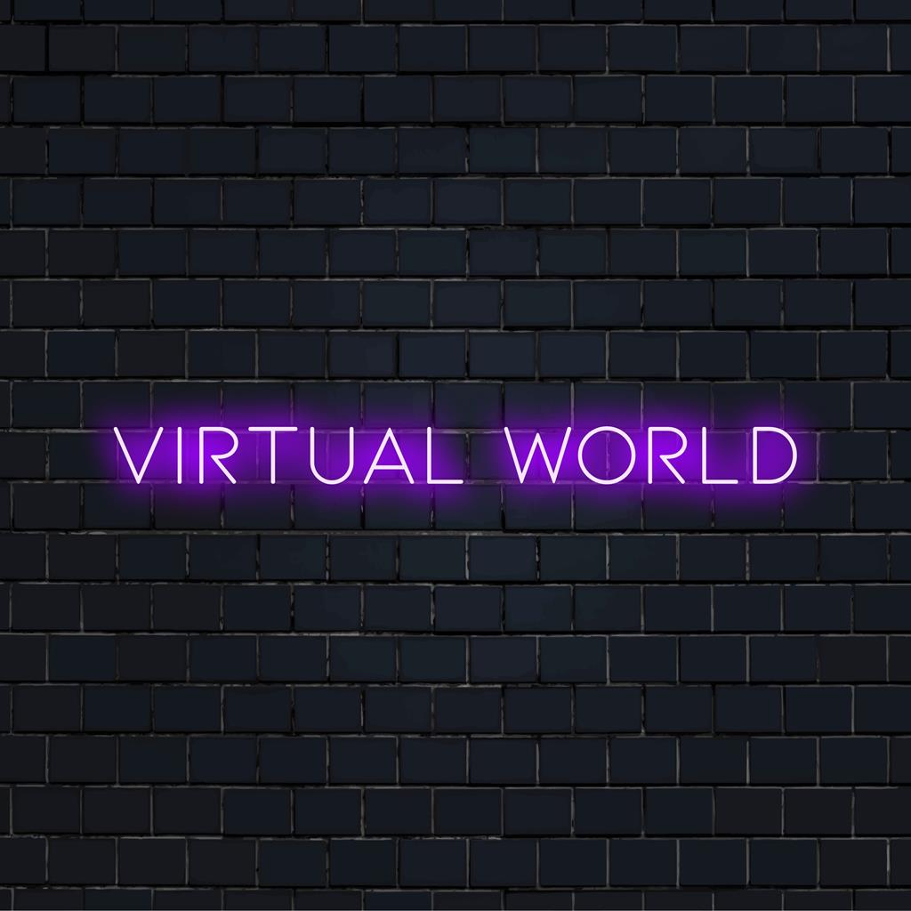 Muokattu LED-valokyltti nimeltä Virtual World, joka esittelee jännittävän neontaiteen teoksen. Ihanteellinen sisustukseen tai yksilöllisiin sisustusaksenteihin.