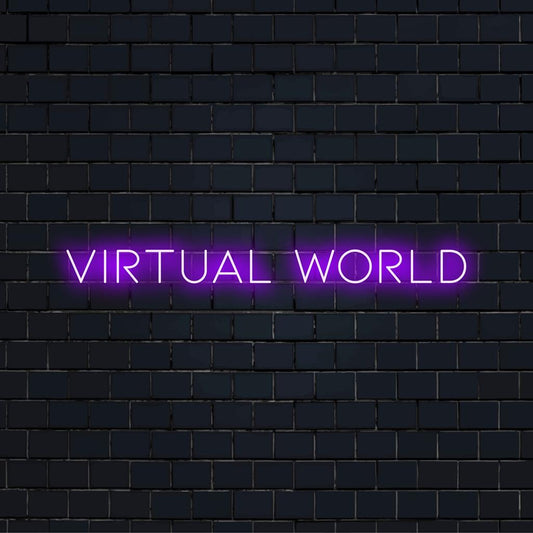 Muokattu LED-valokyltti nimeltä Virtual World, joka esittelee jännittävän neontaiteen teoksen. Ihanteellinen sisustukseen tai yksilöllisiin sisustusaksenteihin.
