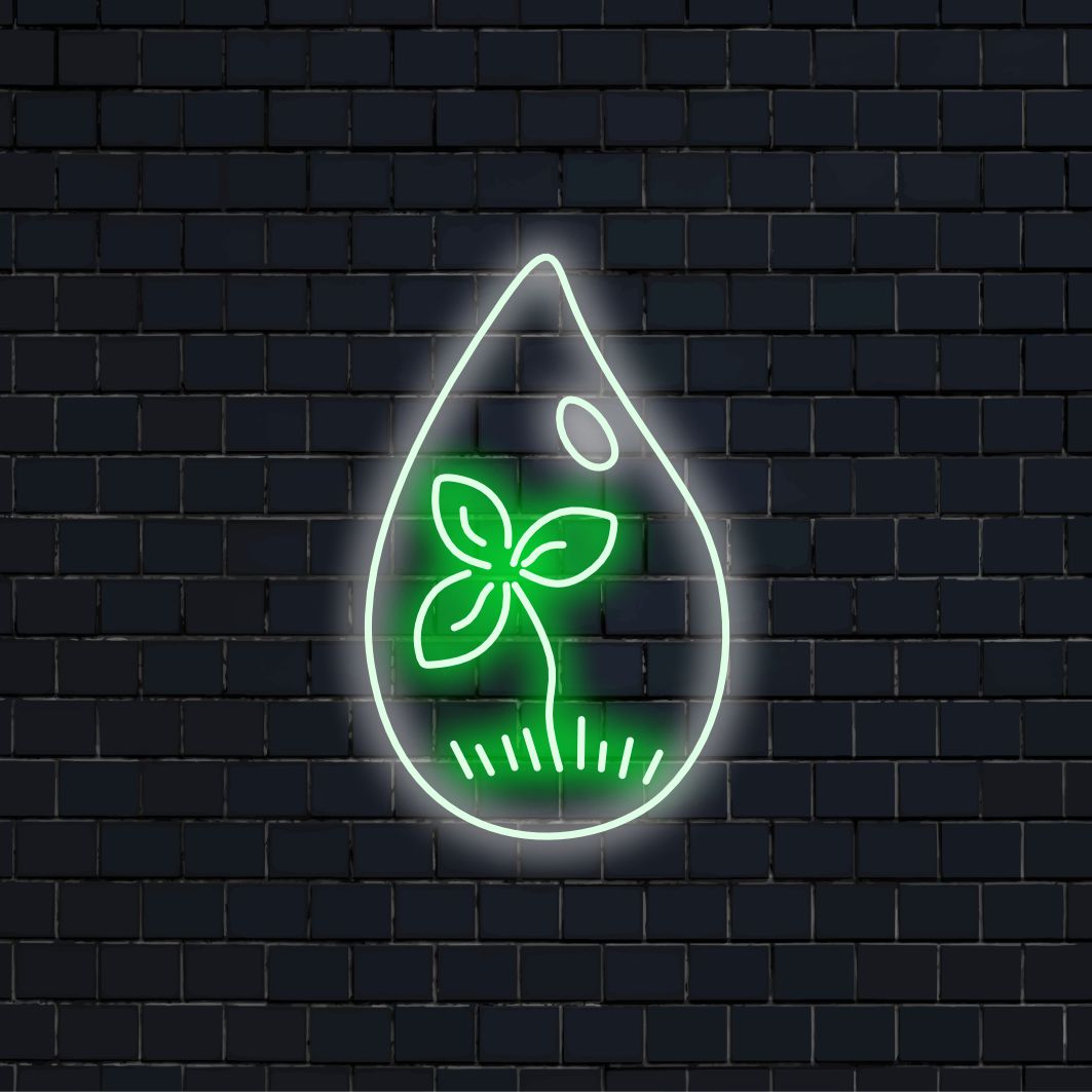 "Vesipisara ja verso lehtineen Neon Sign" on luonnon inspiroima ja virkistävä lisä sisustukseen. Neonvalo, joka vangitsee kasvun ja elinvoiman olemuksen.