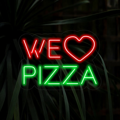 "We Love Pizza Neon Sign" loistaa kirkkaasti lämpimällä ja kutsuvalla hehkulla ja ilmaisee kiintymystä pizzaa kohtaan.