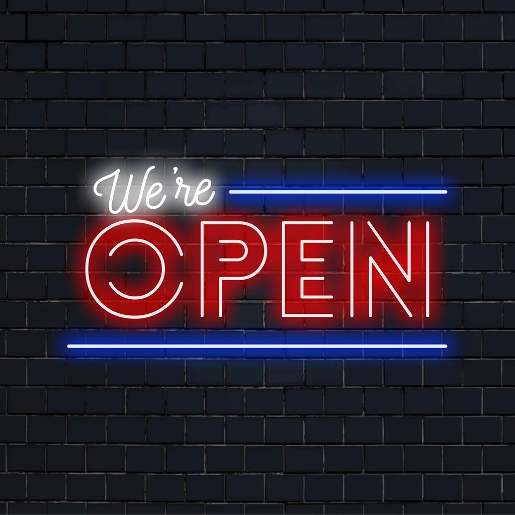 Mukautettava We're Open LED-valokyltti; ihanteellinen tervetulonäytöksiin. Neonvalo sisustus valaisemaan mitä tahansa liiketilaa.