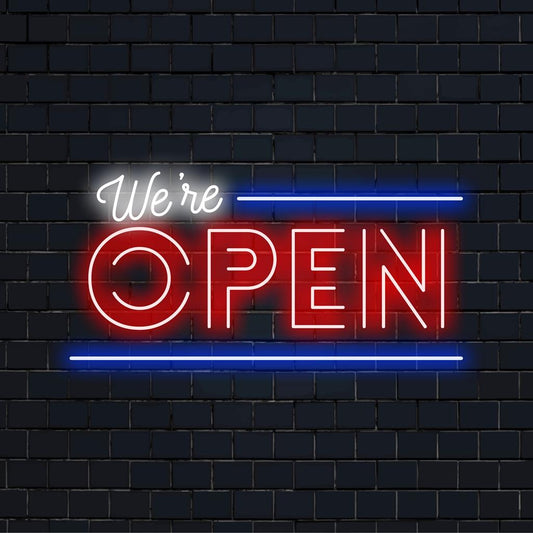 Customizable We're Open LED neon sign; ideal for welcoming displays. Neon light decor to brighten any business space.