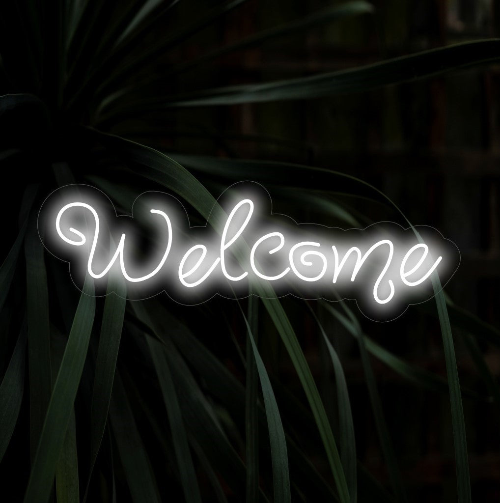 "Welcome Neon Sign" on lämmin ja kutsuva lisä vieraanvaraisuuteen. Neonvalo, joka tervehtii vieraita ystävällisesti.