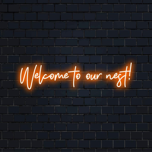 Mukautettu LED-valokyltti, jossa lukee Tervetuloa pesällemme! tyylikkäällä käsikirjoituksella, täydellinen kodikkaan kodin sisustukseen tai vieraanvaraiseen sisäänkäynnin taiteeseen.