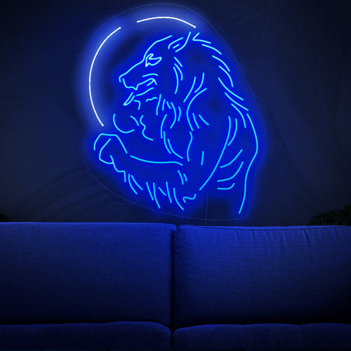 En upplyst neonskylt med en varulvssiluett mot en fullmåne, som framkallar en känsla av mystik och ger en touch av Halloween-charm till alla utrymmen