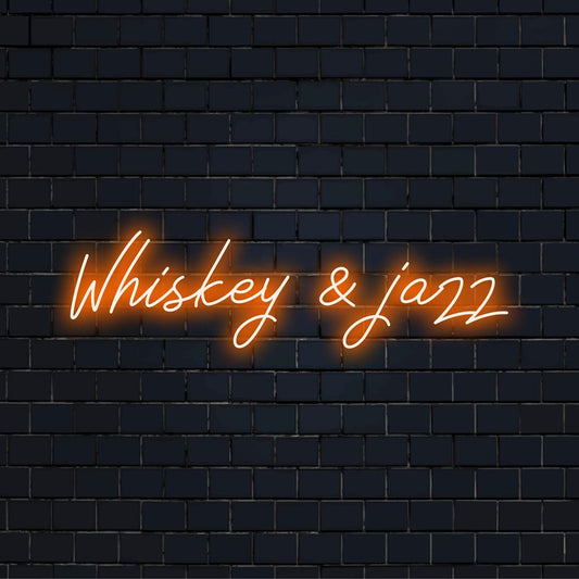 Stylish custom made LED neon sign displaying Whiskey and Jazz, perfect for a trendy bar or man cave atmosphere.