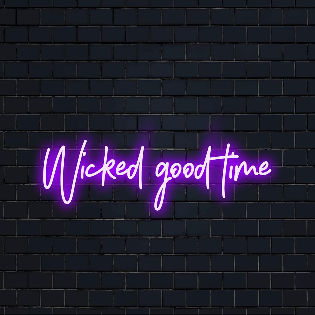 Vibrant LED neon sign Wicked Good Time glowing in bold, capturing stylish illumination ideal for modern decor.