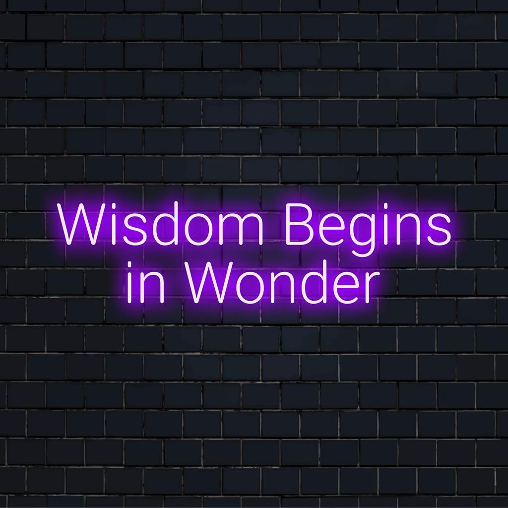 Mukautettu LED-valokyltti: Wisdom Begins In Wonder, joka hehkuu kirkkaissa sävyissä, täydellinen inspiroivaan sisustukseen.