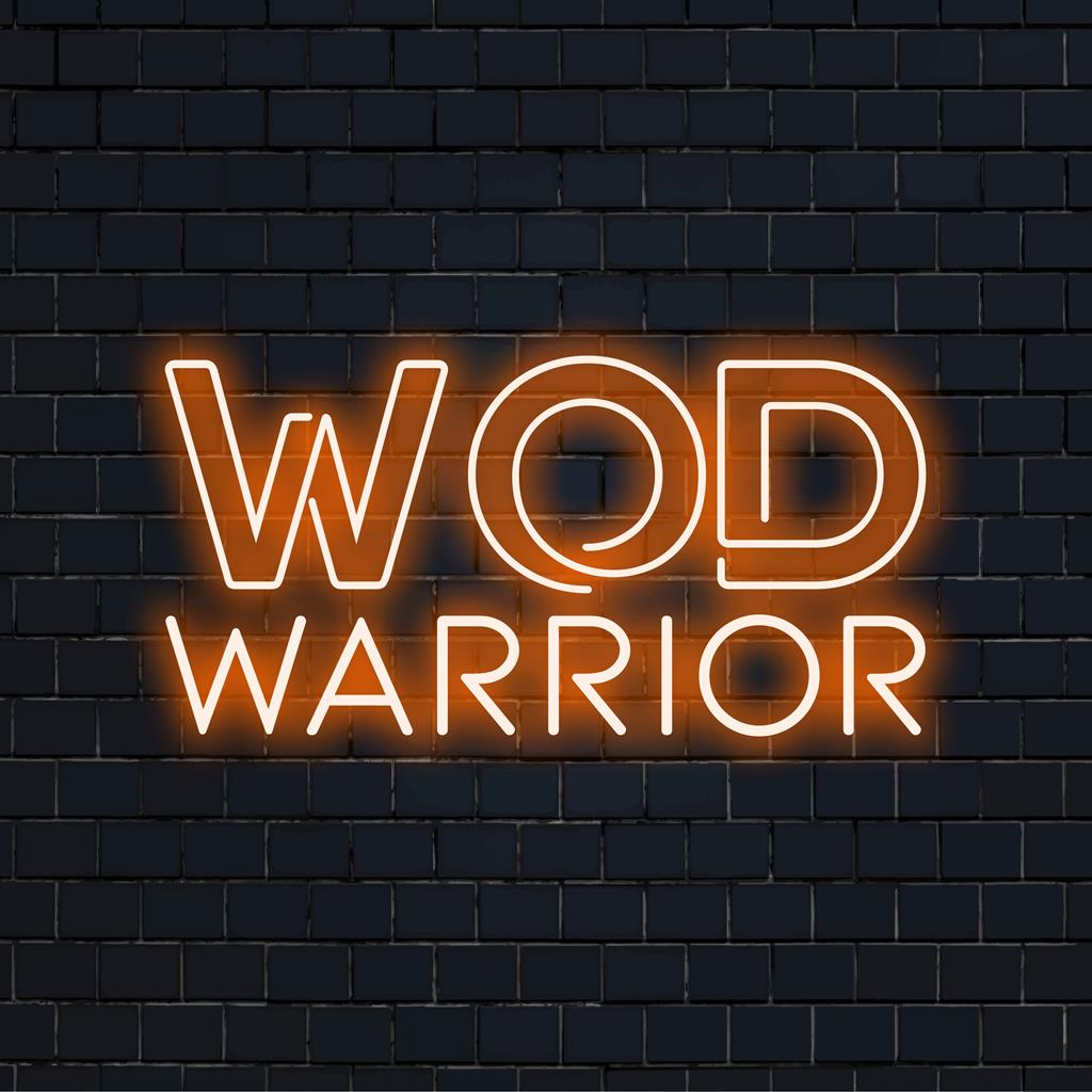 LED neon sign featuring the phrase Wod Warrior in bold lettering; ideal for personalized neon quote art enthusiasts.