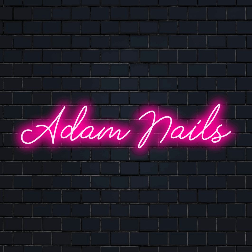 Adam Nails Custom Name Neon Sign, neon text light on black brick background