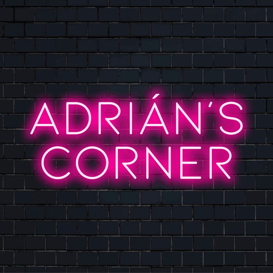 Adrian_s Corner Personalized Neon Light with neon text light against brick backdrop