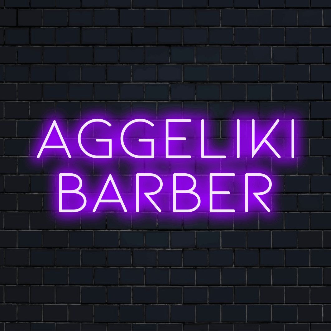 Aggeliki Barber Custom Name Neon Sign, glowing wall decor on dark brick background