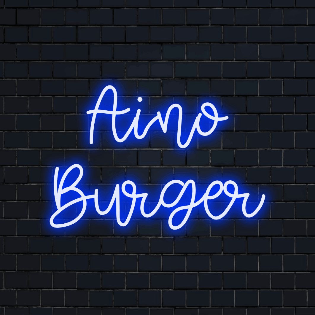 Aino Burger Custom Name Neon Sign, bright neon lettering on black brick background