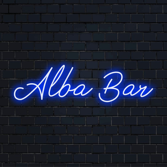 Alba Bar Custom Name Neon Sign, bright neon glow on dark brick background