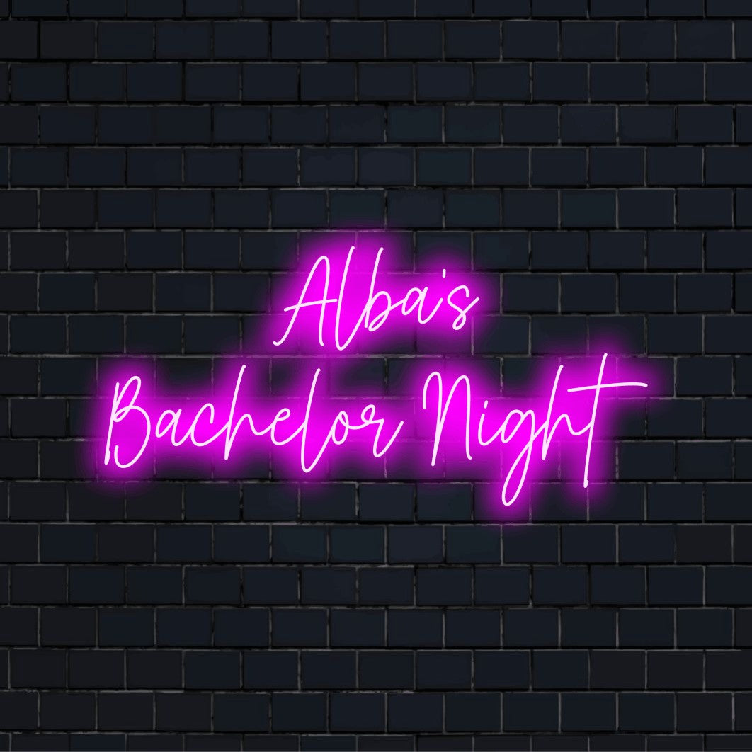 Alba_s Bachelor Night Personalized LED Neon Sign, bright neon lettering against brick backdrop