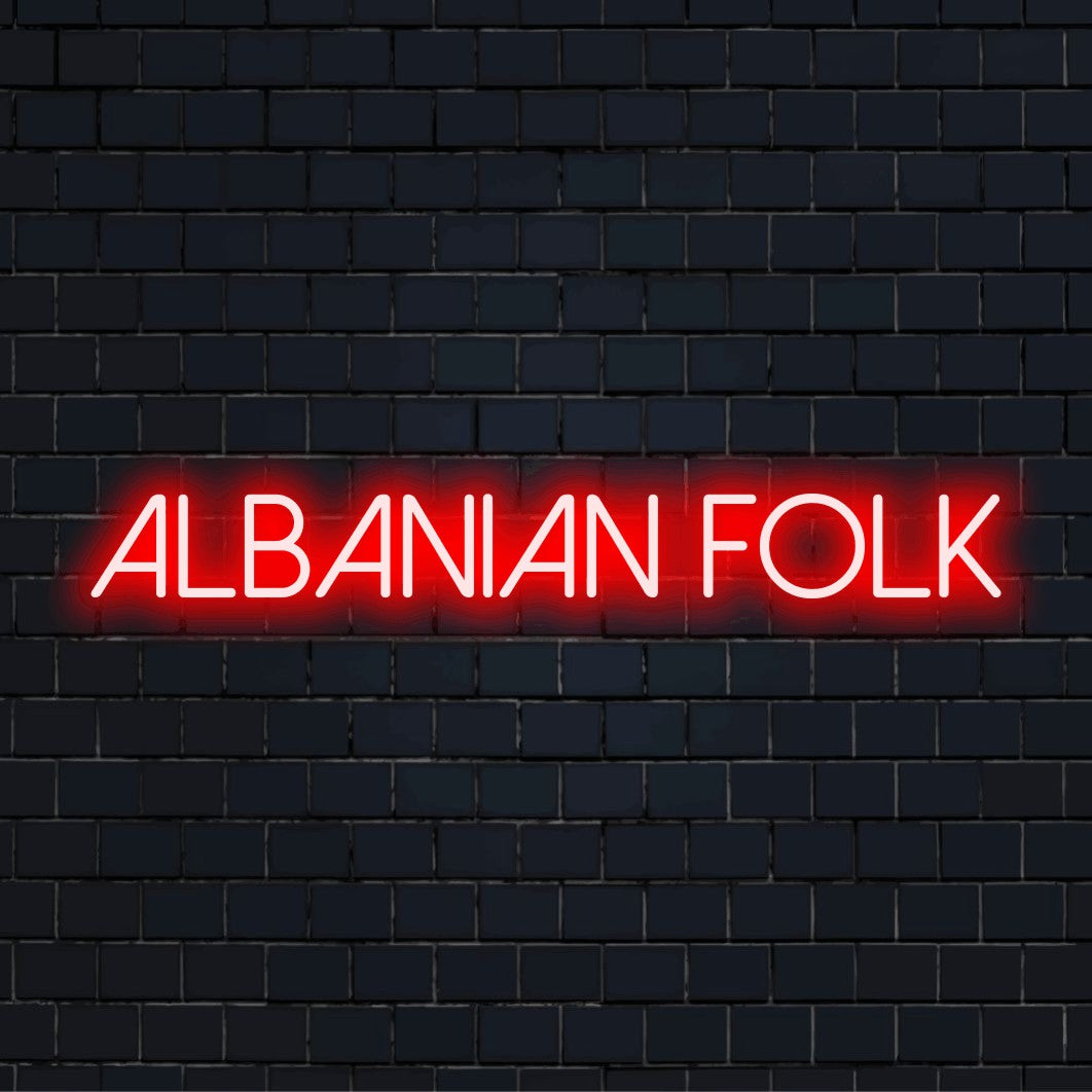 Albanian Folk Neon Sign, neon text light on dark brick wall