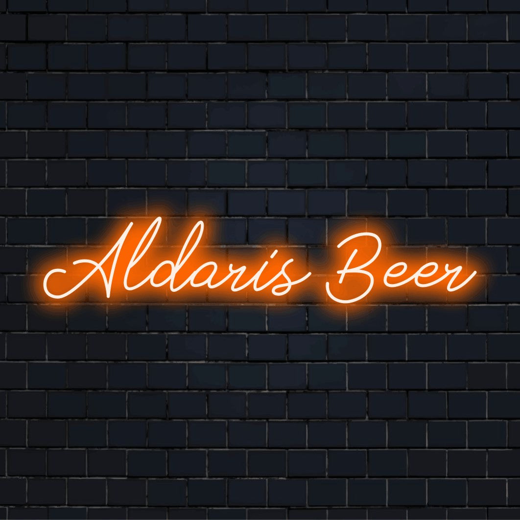 Aldaris Beer LED Neon Sign, bright neon glow on black brick background