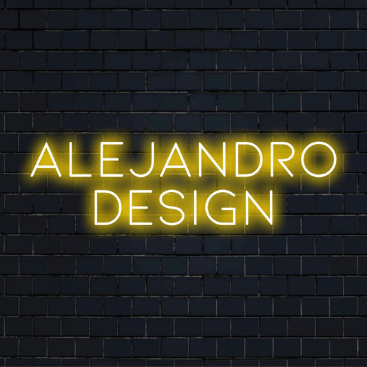 Alejandro Design Custom Name Neon Sign, bright LED glow on dark brick wall