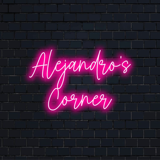 Alejandro_s Corner Custom Name Neon Sign, neon text light against brick backdrop