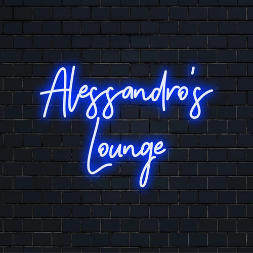 Alessandro_s Lounge Personalized LED Neon Sign, bright neon glow on black brick background