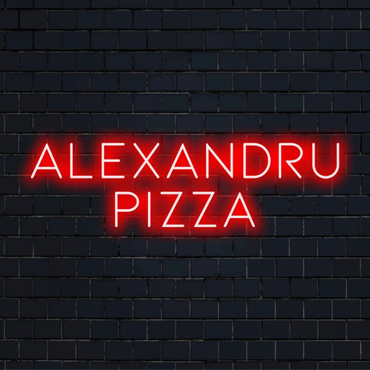 Alexandru Pizza Personalized LED Neon Sign, soft neon glow on dark brick background