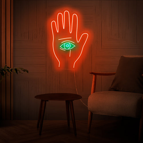 Handgjorda allseende öga på en palm neonskylt, en mystisk och andlig symbol, perfekt som lätt väggkonst.