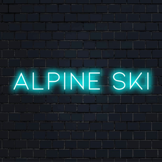 Alpine Ski LED Neon Sign, soft neon glow on dark brick background