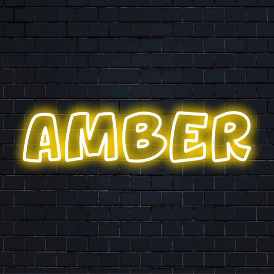 Amber Neon Sign, soft neon glow on dark brick background